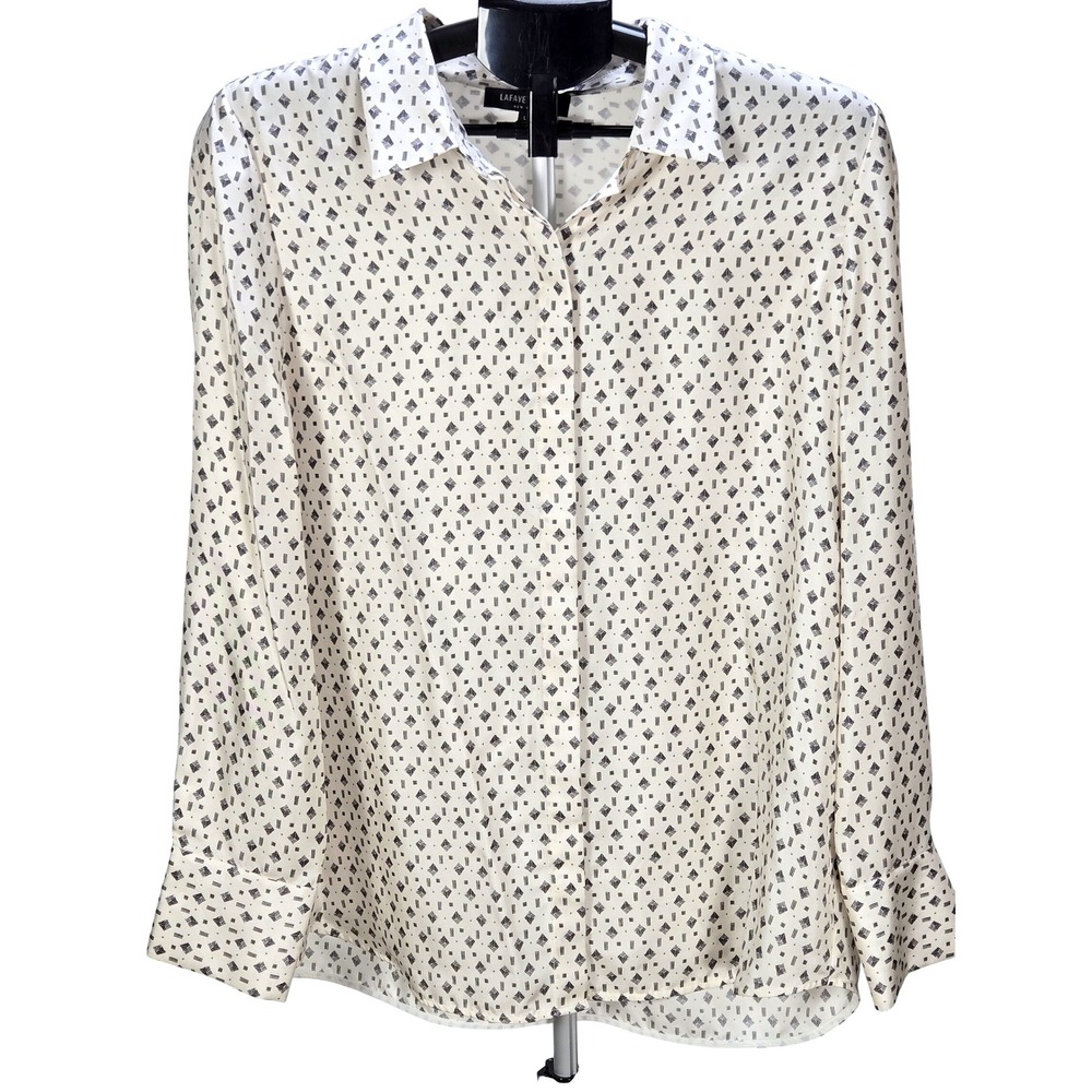 Women's Lafayette 148 Large 100%% Silk Geometric Print Button Down Blouse